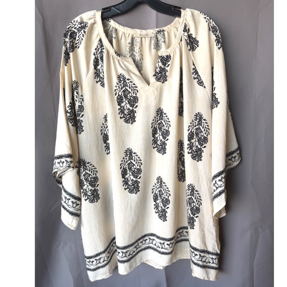 XXXL Bebonnie Tunic Top Cream Black Floral Boho Coastal Kimono Sleeve Peasant 3X